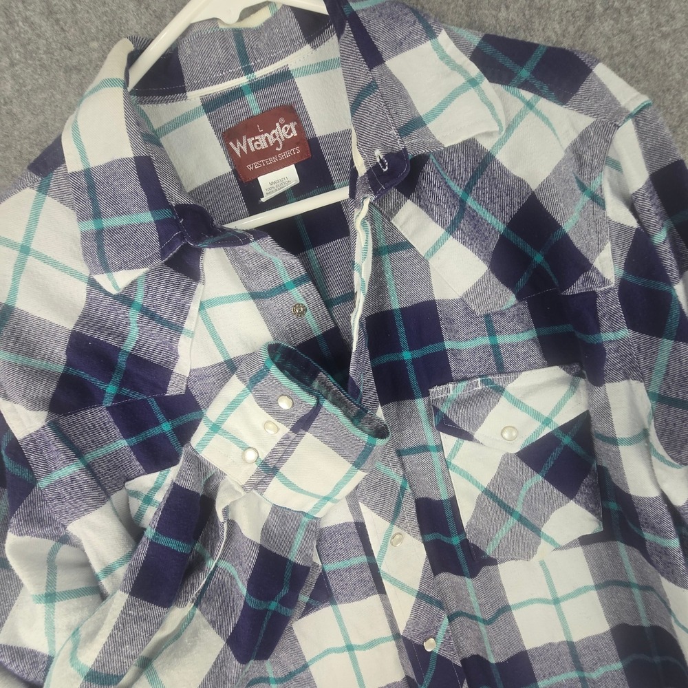 Wrangler Western Shirt Mens Large Blue Plaid Regular Fit Pearl Snap Flannel